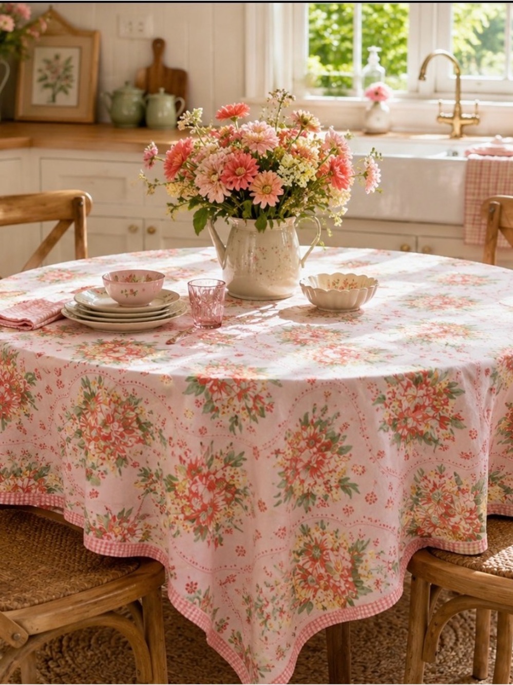 Classic Pink Floral Cotton Tablecloth with Green Accents